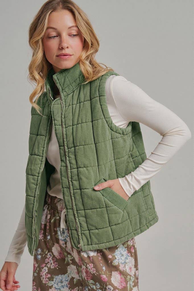 VINTAGE WASHED QUILTED PUFFER VEST STAND COLLAR_JLT00330-01