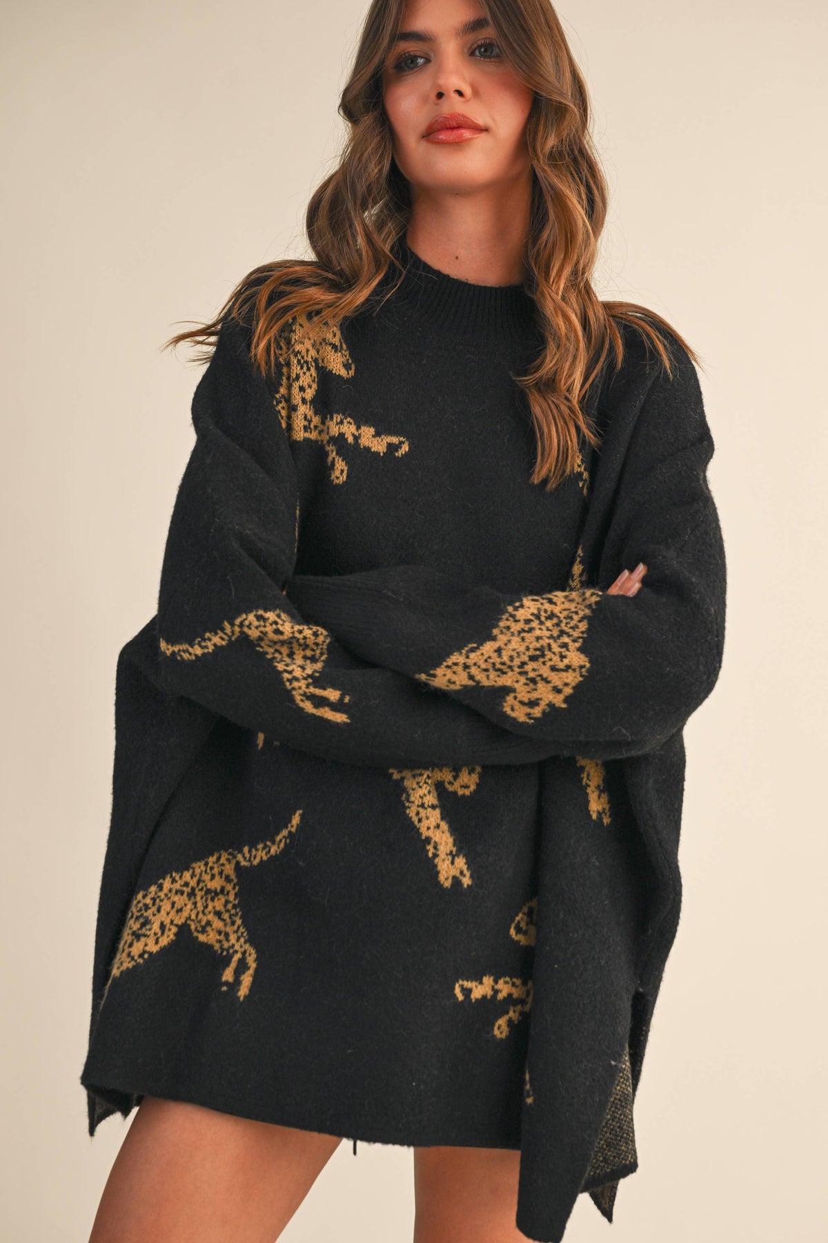 IT4416 CHEETAH PRINT OVERSIZED MOCK NECK SWEATER TOP