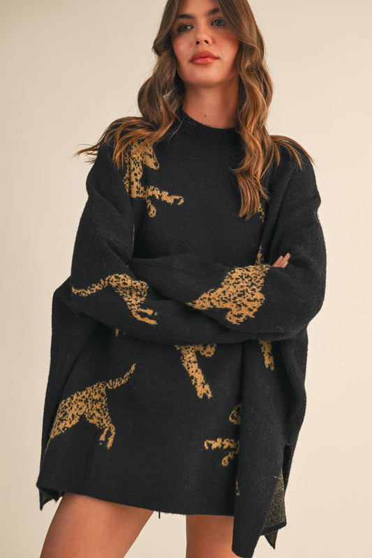 IT4416 CHEETAH PRINT OVERSIZED MOCK NECK SWEATER TOP