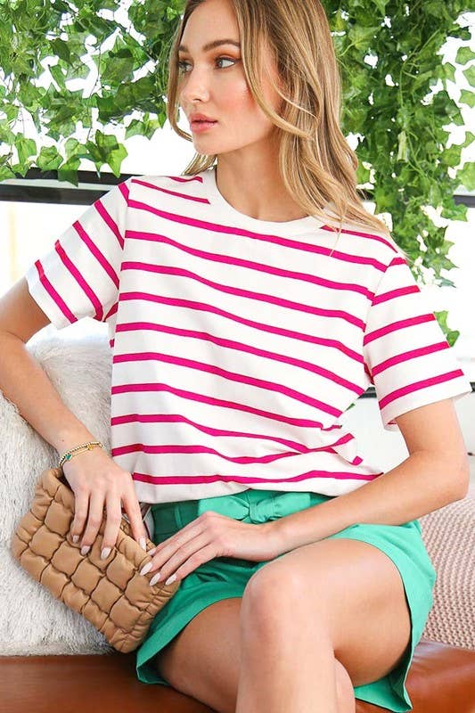 Striped Cotton Crew Neck Short-Sleeve Knit Top VT81439