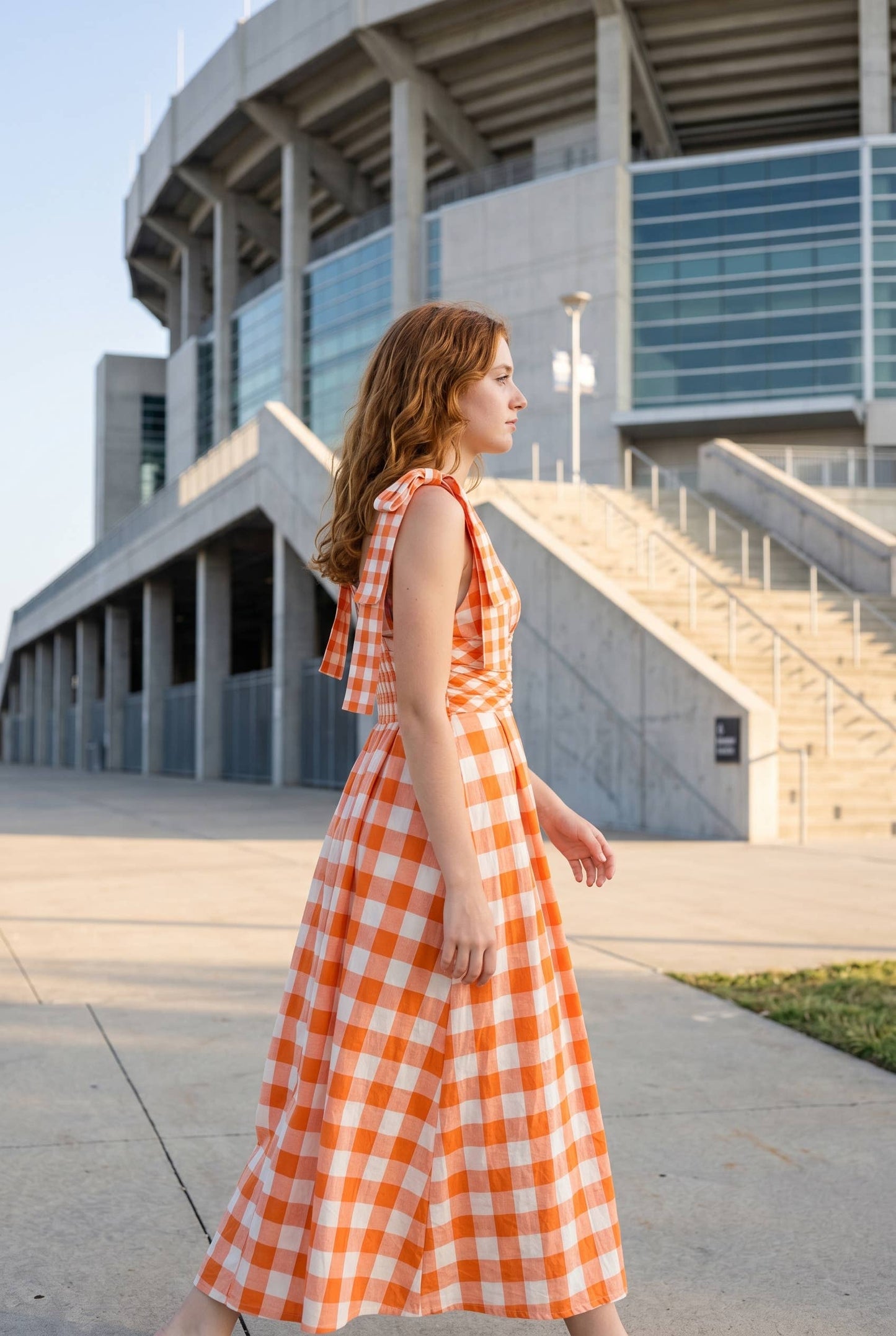 Check Pattern Tie Shoulder Maxi Dress