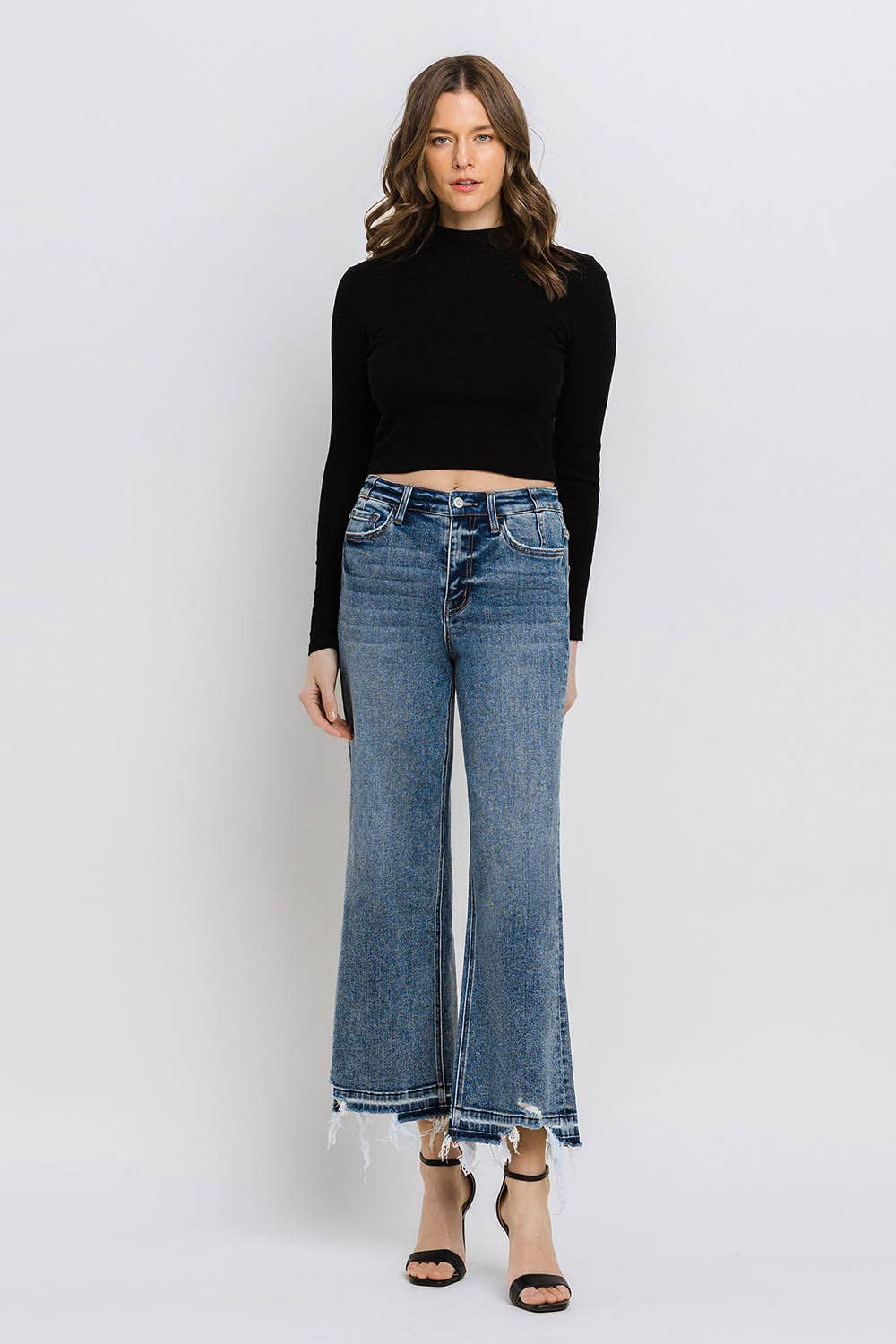 Flying Monkey SUPER HIGH RISE UNEVEN RAW HEM CROP WIDE JEANS