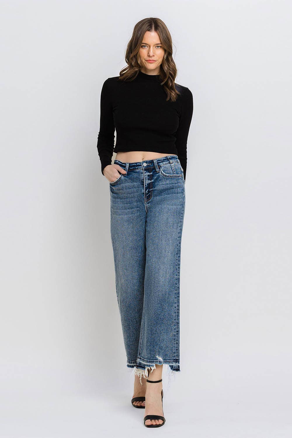 Flying Monkey SUPER HIGH RISE UNEVEN RAW HEM CROP WIDE JEANS