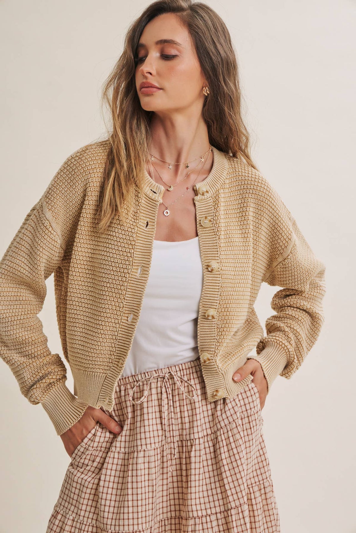 SEASONLESS MINERAL-WASHED COTTON WAFFLE BUTTON-DOWN CARDIGAN