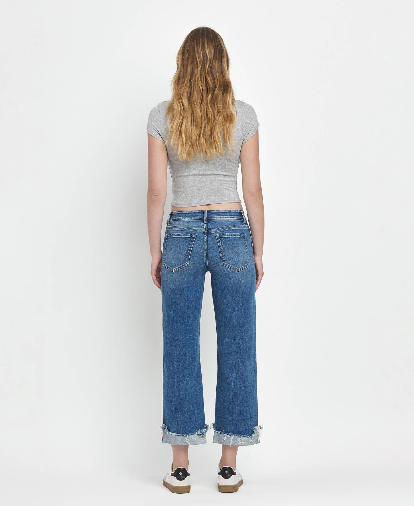 MID RISE RAW CUFFED HEM SLIM WIDE JEANS F5861