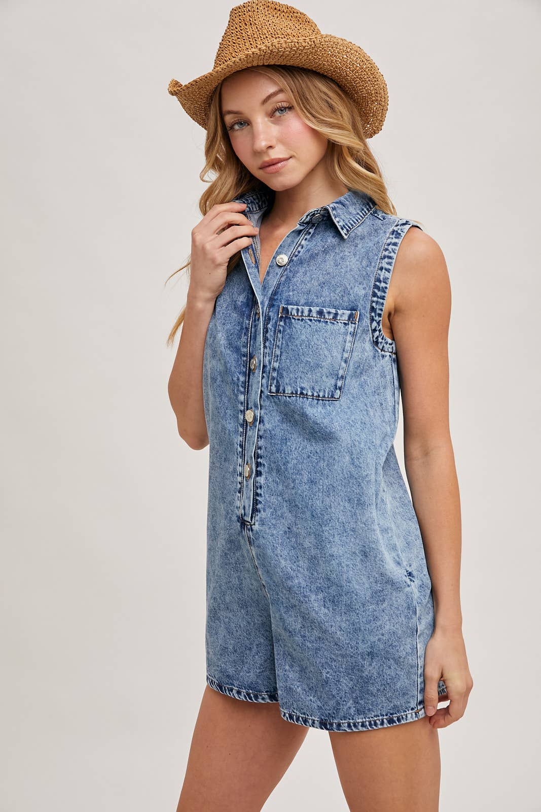 BUTTON DOWN SLEEVELESS SHIRT ROMPER