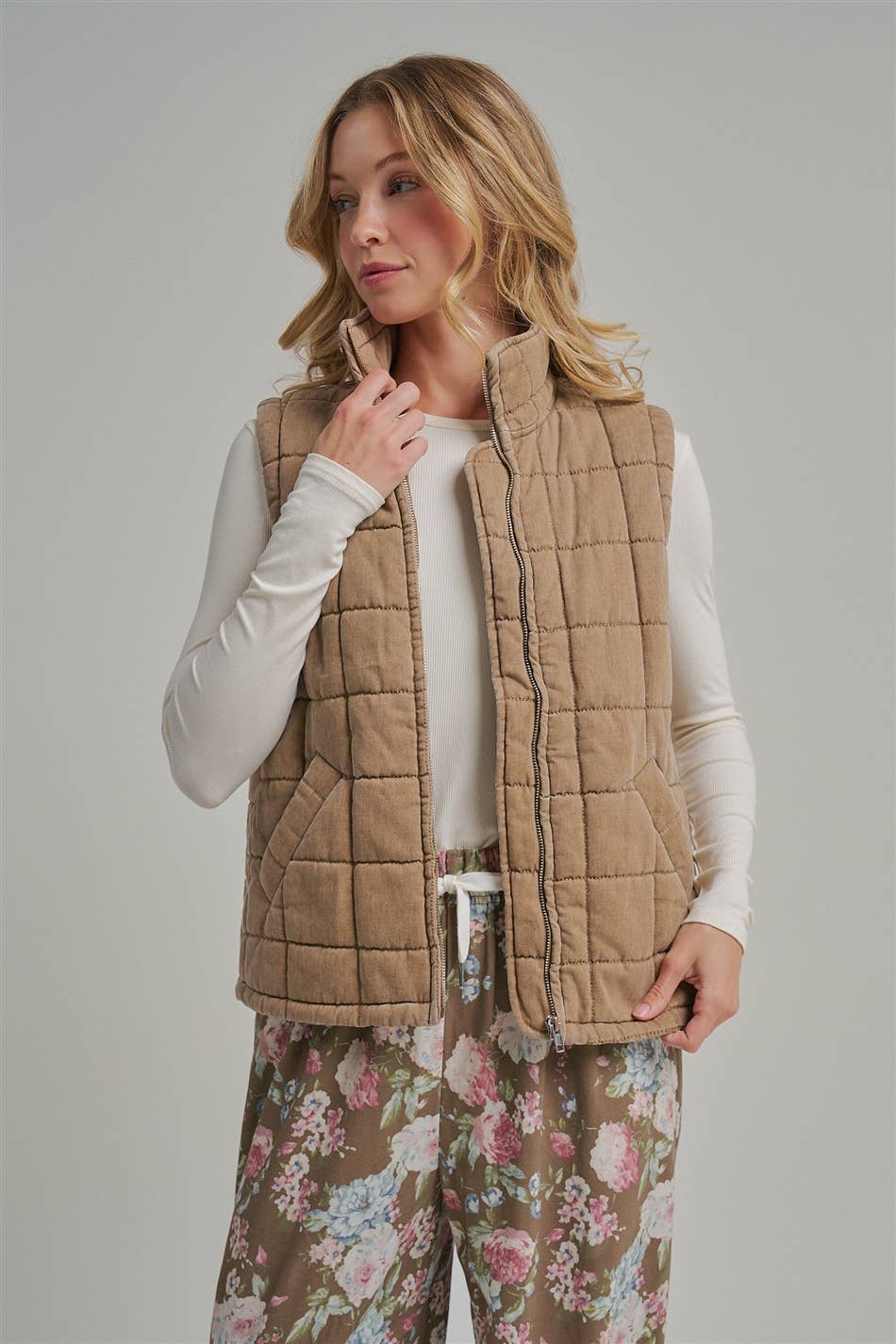 VINTAGE WASHED QUILTED PUFFER VEST STAND COLLAR_JLT00330-01