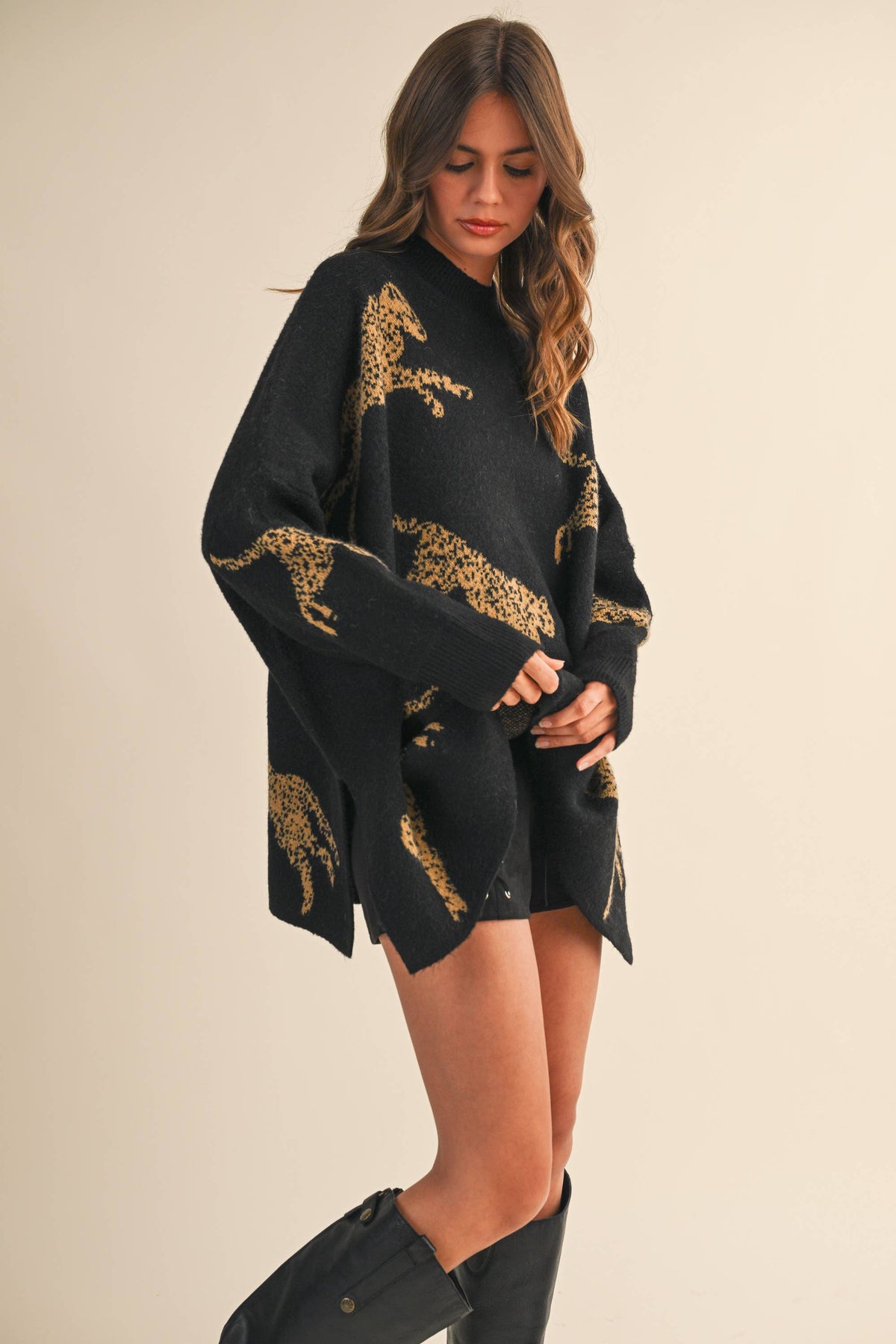 IT4416 CHEETAH PRINT OVERSIZED MOCK NECK SWEATER TOP