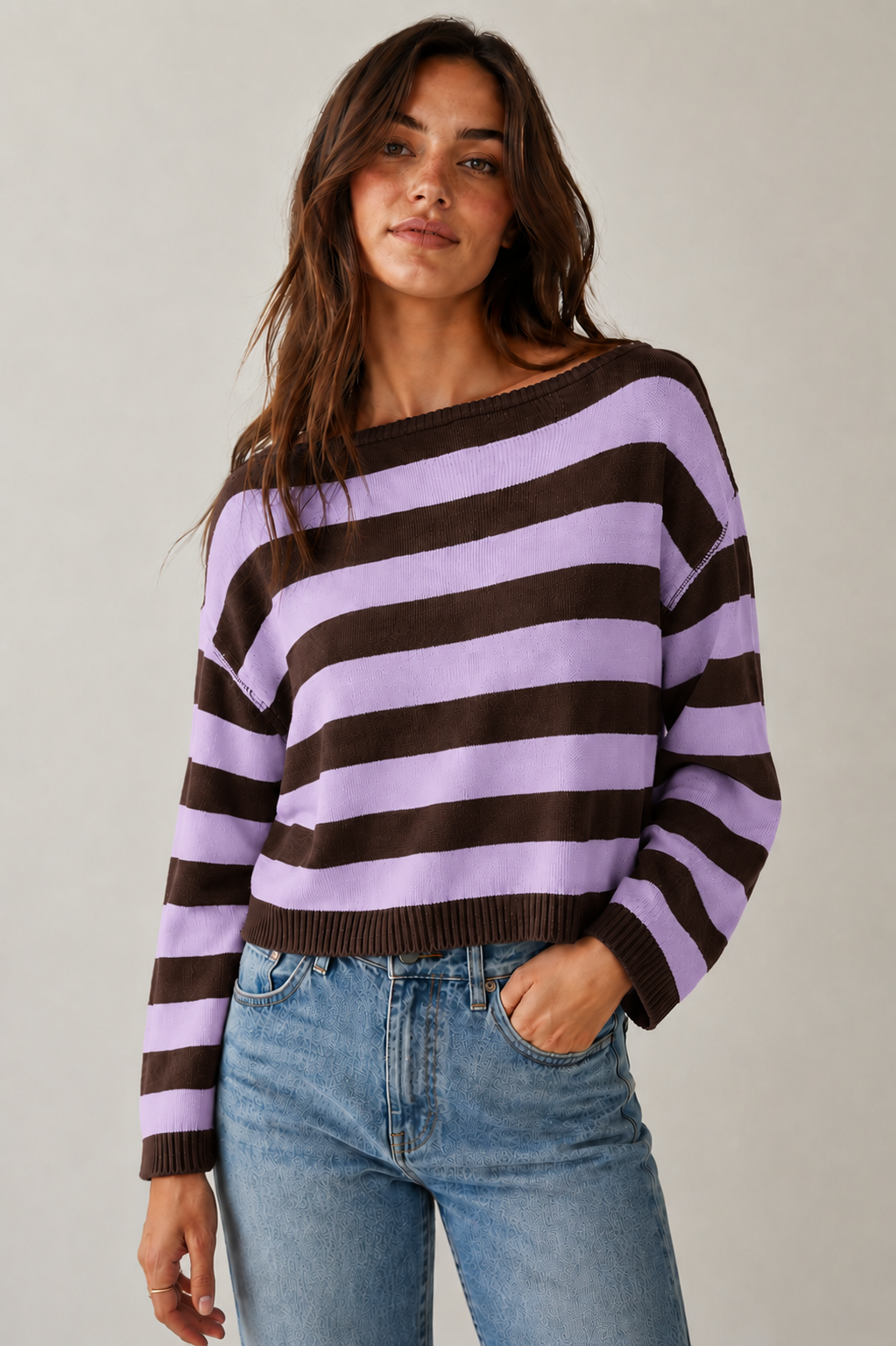 3251IK Boat Neck Yarn Dye Stripe Lightweight Sweater