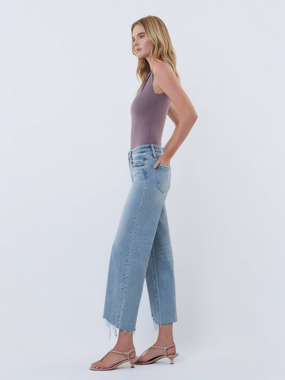 HIGH RISE DISTRESSED HEM CROP WIDE LEG JEANS T7303