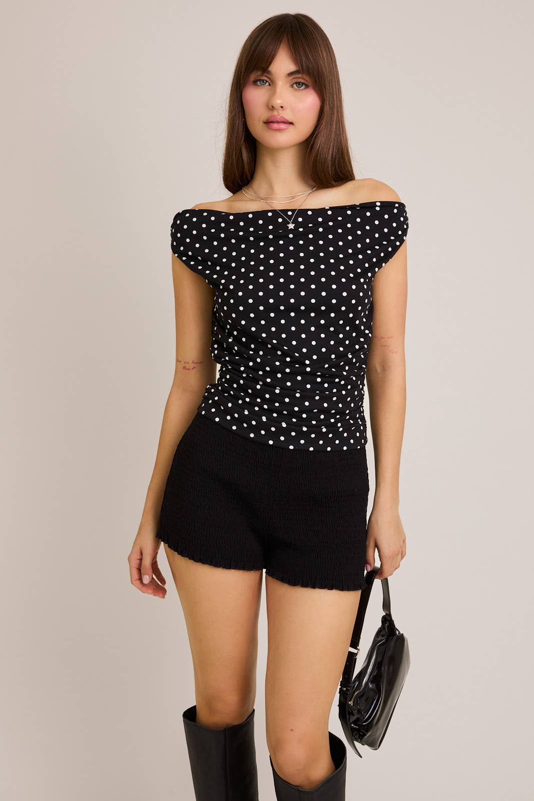 OFF SHOULDER TOP WITH SIDE RUCHING IN POLKA DOT