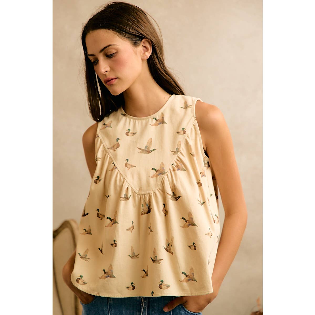 MALLARD DUCK PRINT COTTON TWILL WASH SHIRRED TANK TOP