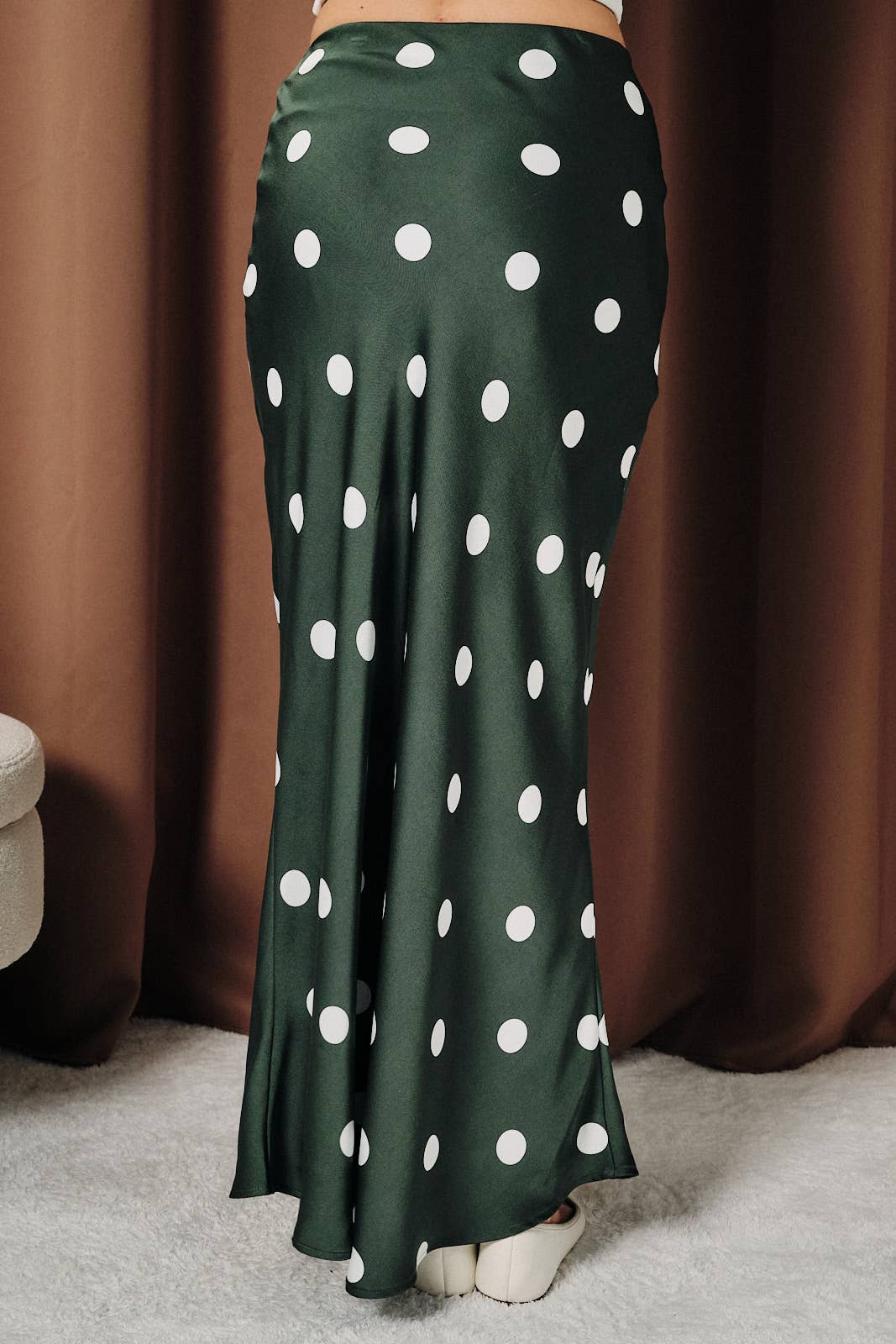 Polka Dot Satin Elastic Waist Midi Skirt