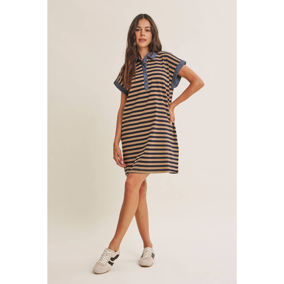 STRIPE COTTON POLO MINI DRESS WITH DENIM CONTRAST