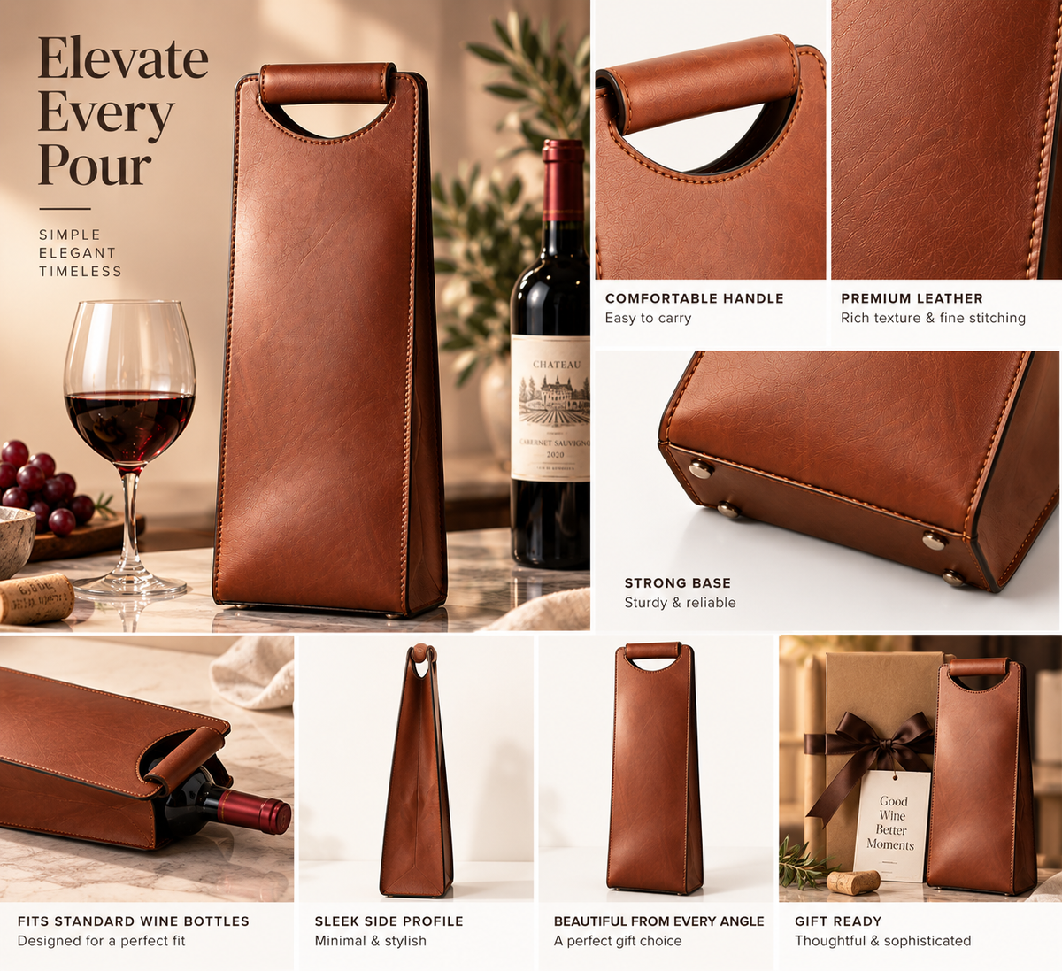 Leather Wine Bottle Holder – Brown Single Bottle Wine Carrie
