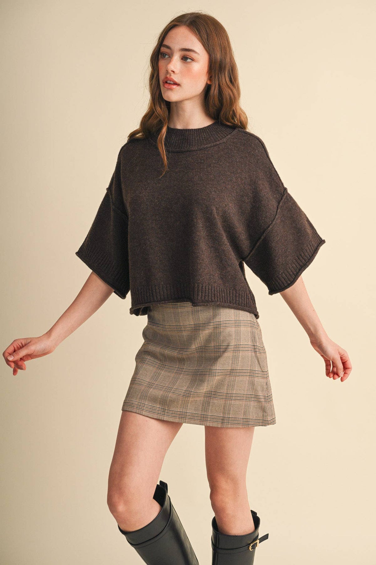 MARLED KNIT MOCK NECK SHORT SLEEVE SWEATER MSW11178