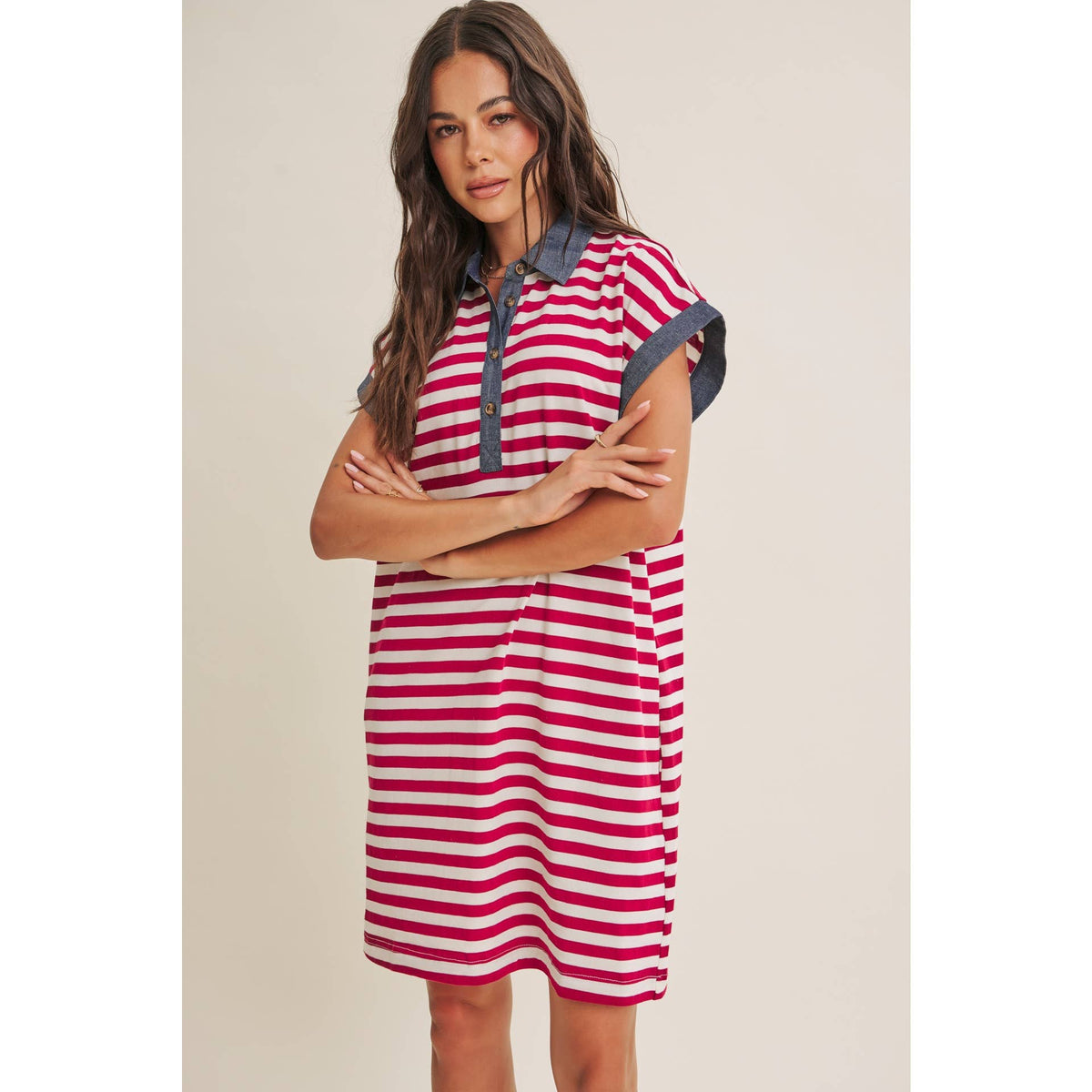 STRIPE COTTON POLO MINI DRESS WITH DENIM CONTRAST