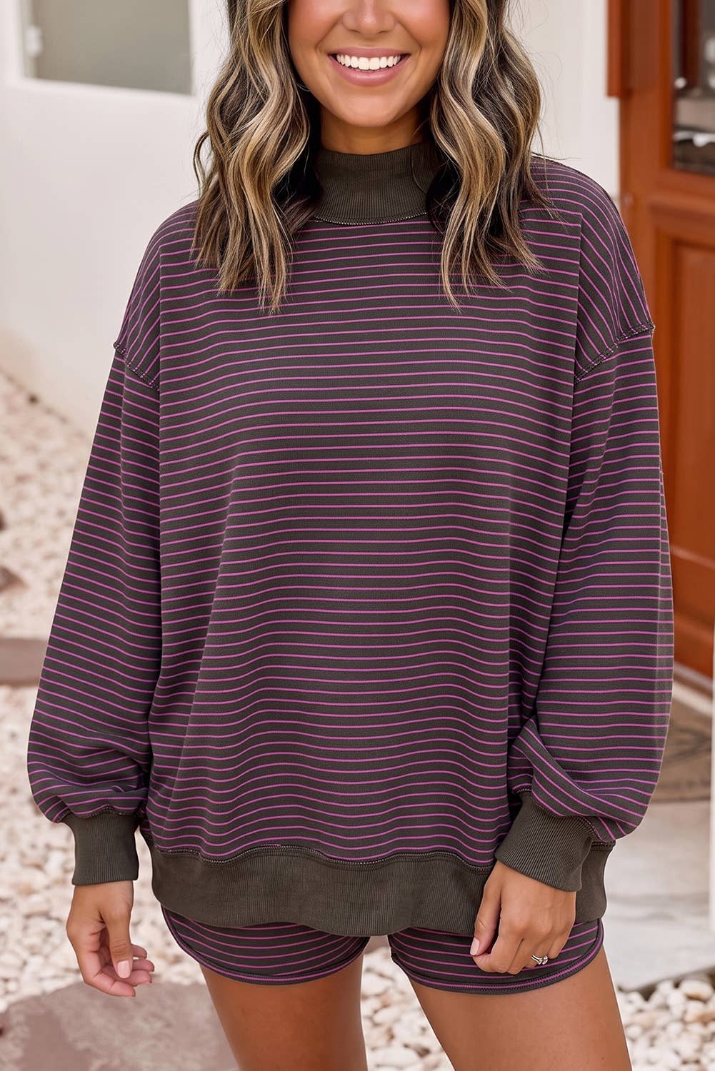Stripe Ribbed Baggy Pullover Mock Neck Matching Shorts Set