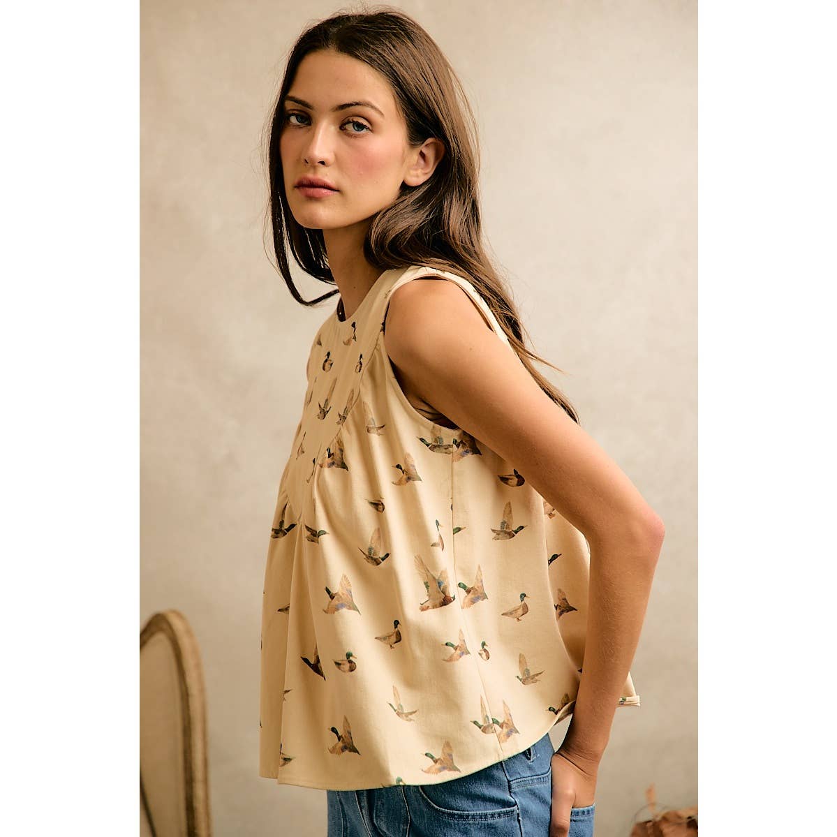 MALLARD DUCK PRINT COTTON TWILL WASH SHIRRED TANK TOP