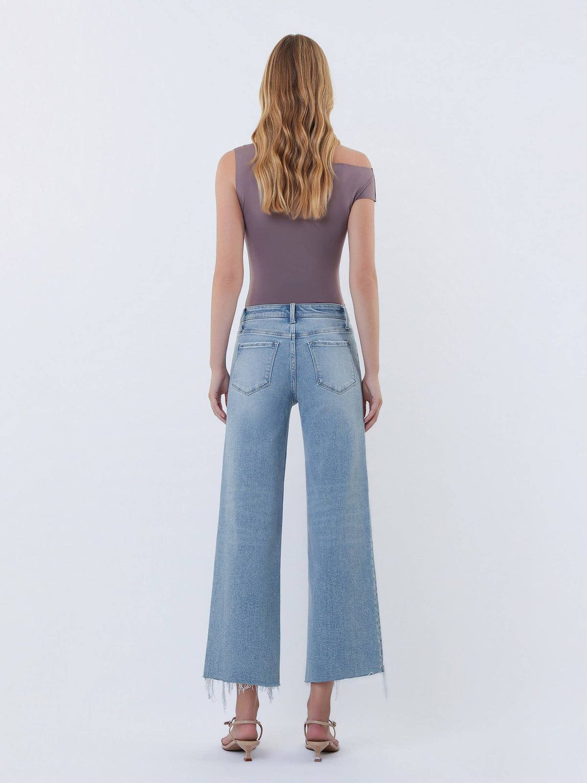 HIGH RISE DISTRESSED HEM CROP WIDE LEG JEANS T7303
