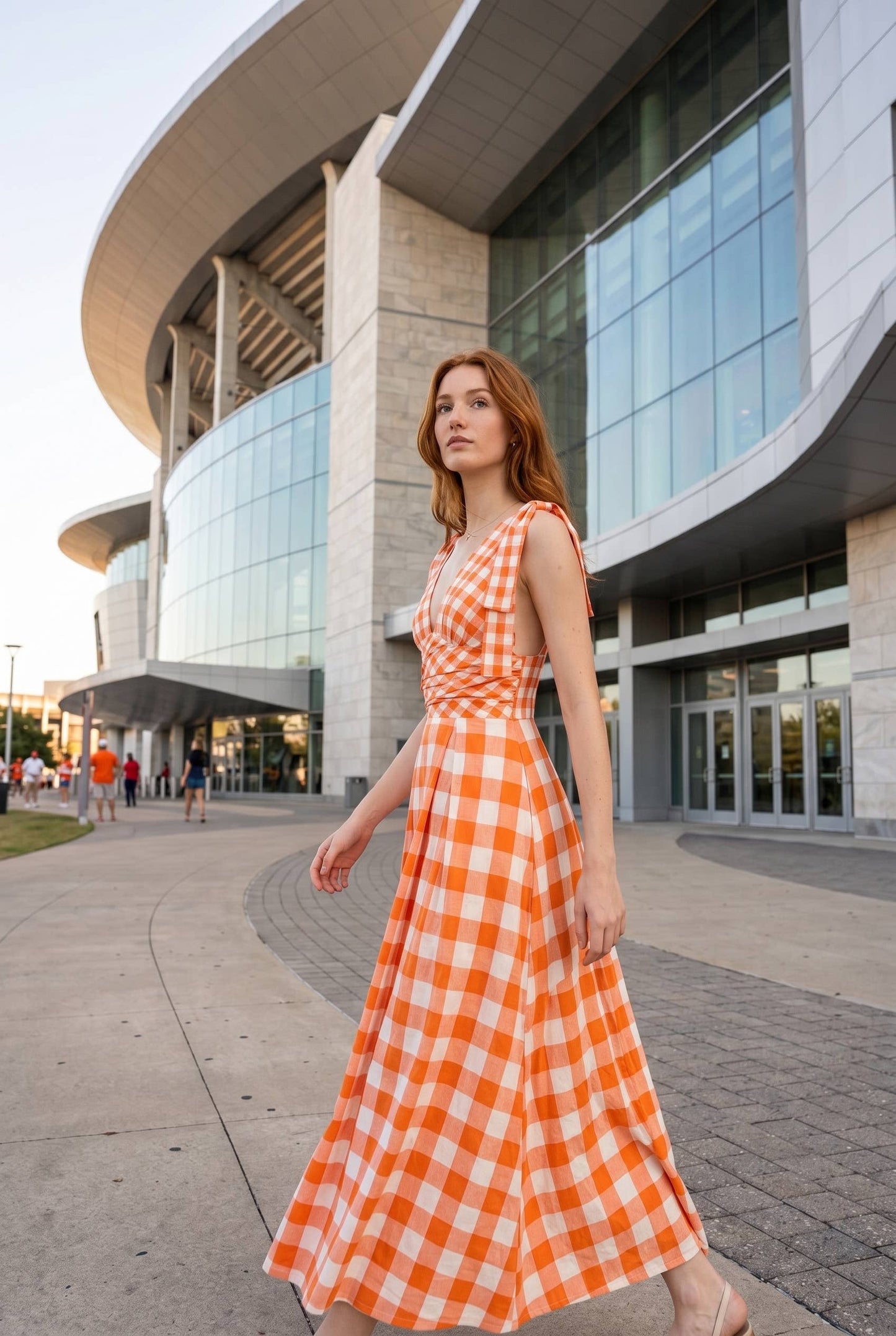 Check Pattern Tie Shoulder Maxi Dress