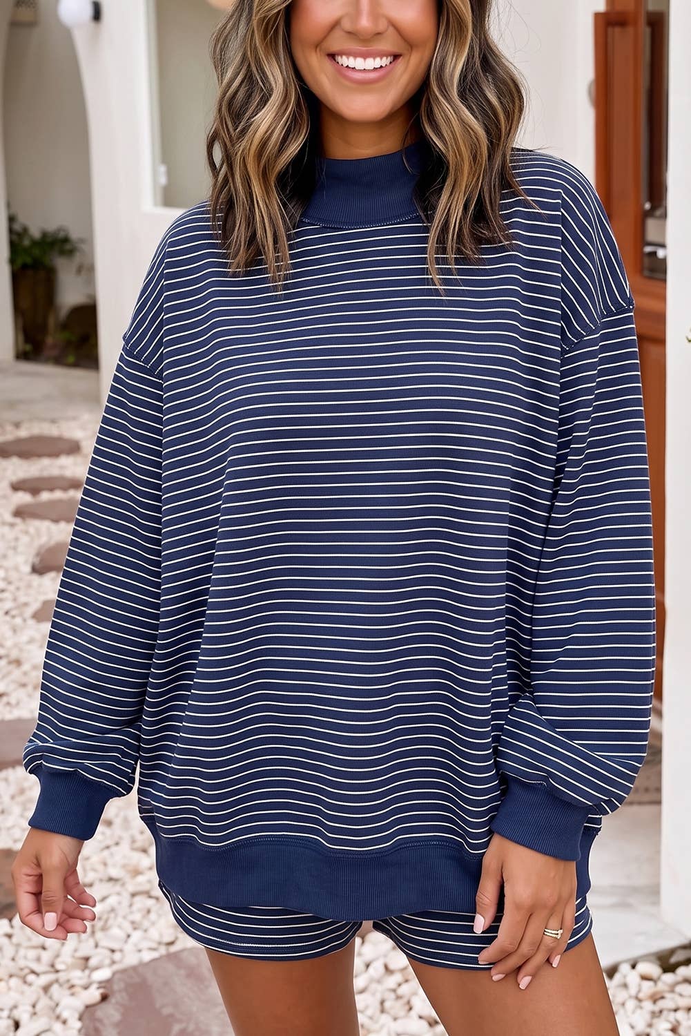 Stripe Ribbed Baggy Pullover Mock Neck Matching Shorts Set