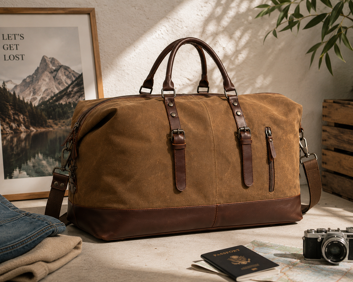 Vintage Waxed Canvas Leather Duffel Weekender Bag
