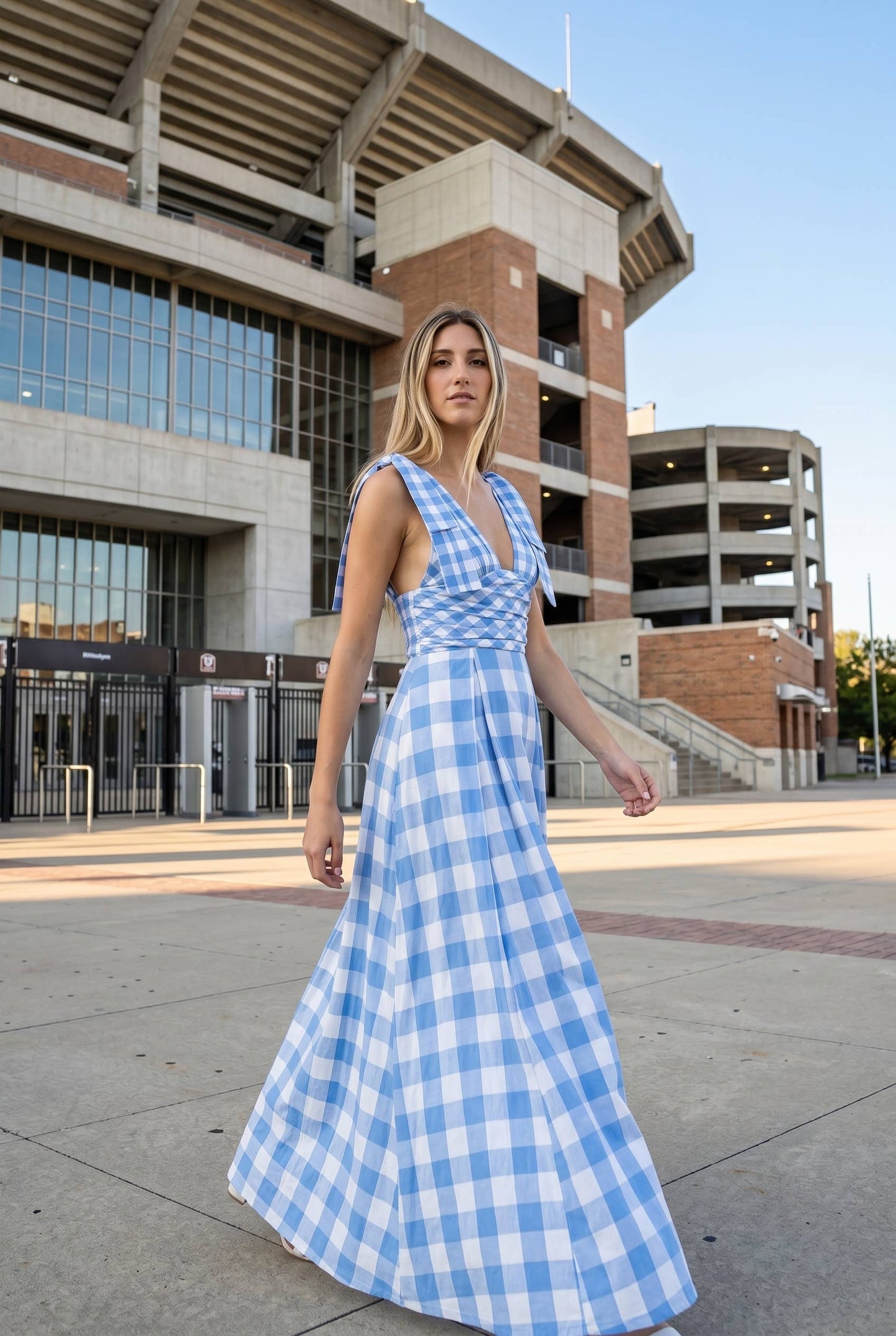 Check Pattern Tie Shoulder Maxi Dress