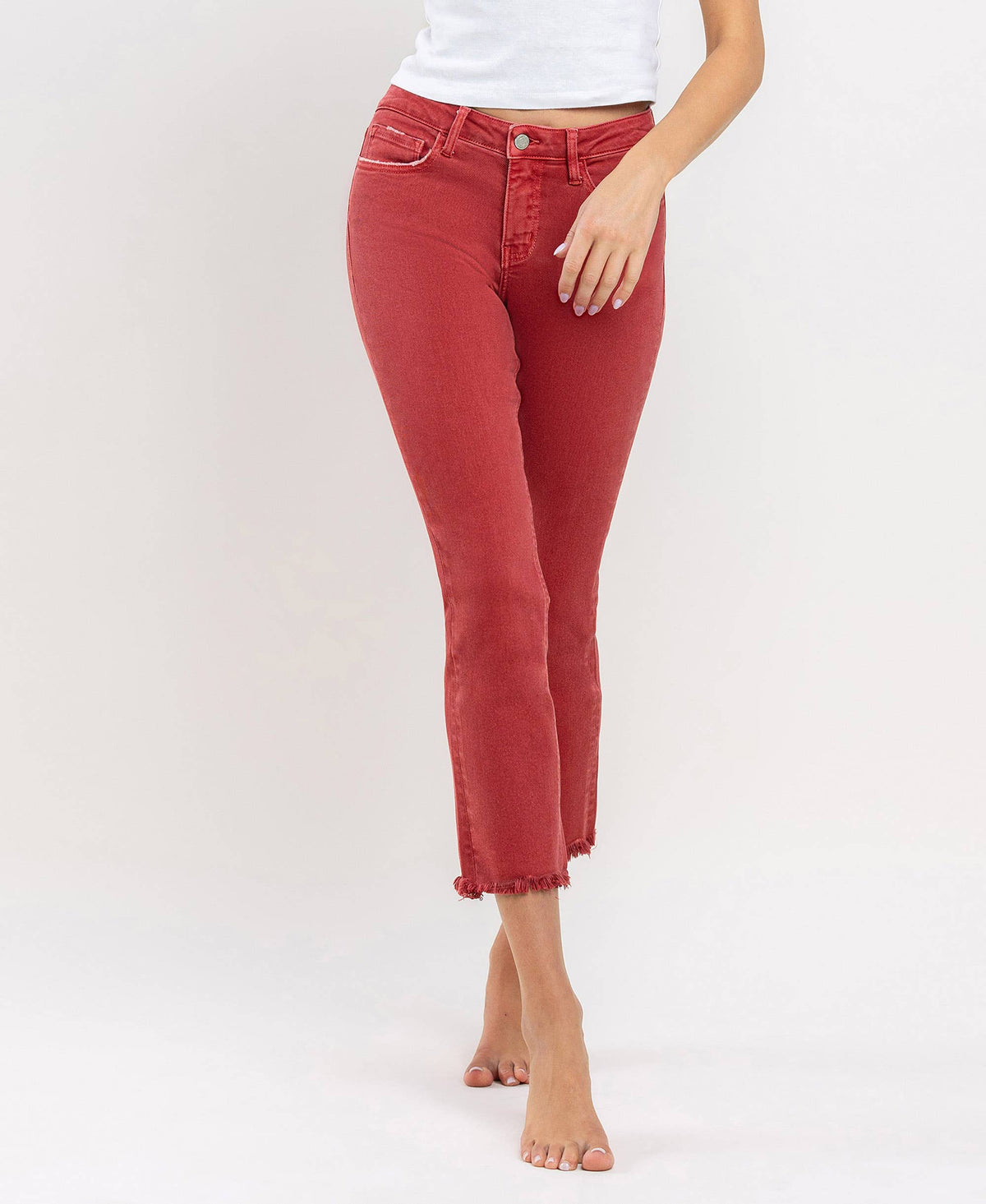 MID RISE FRAYED HEM CROP SLIM STRAIGHT JEANS V3500PRD