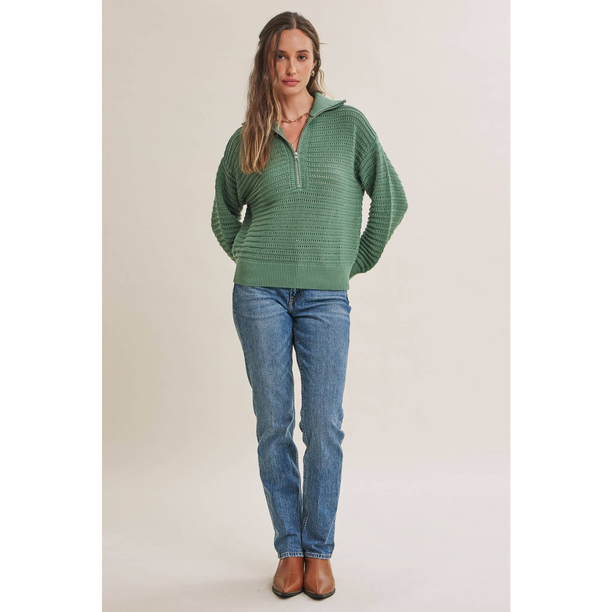 MOUNTAIN AIR CROCHET TEXTURE HALF-ZIP COTTON BLEND SWEATER