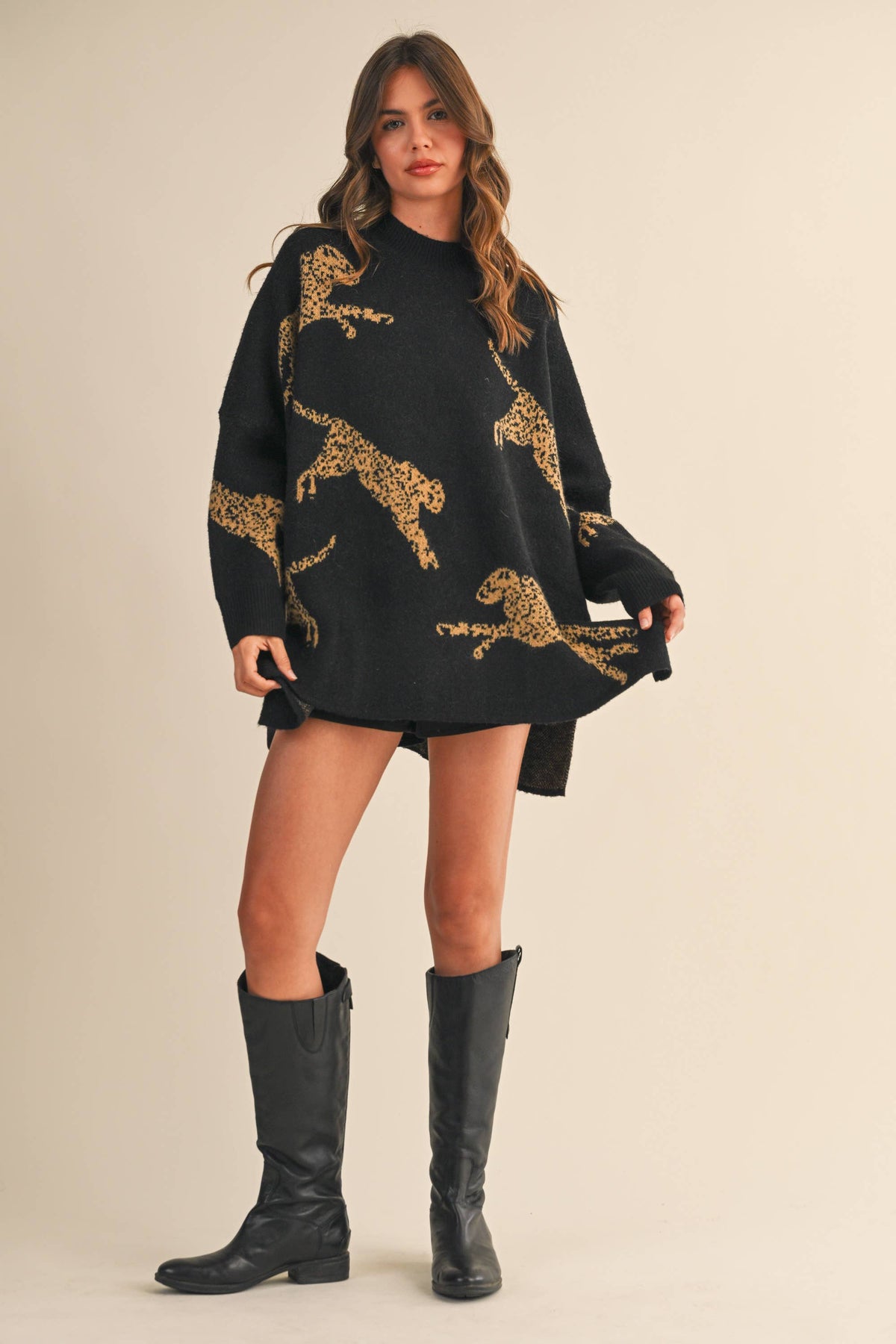 IT4416 CHEETAH PRINT OVERSIZED MOCK NECK SWEATER TOP