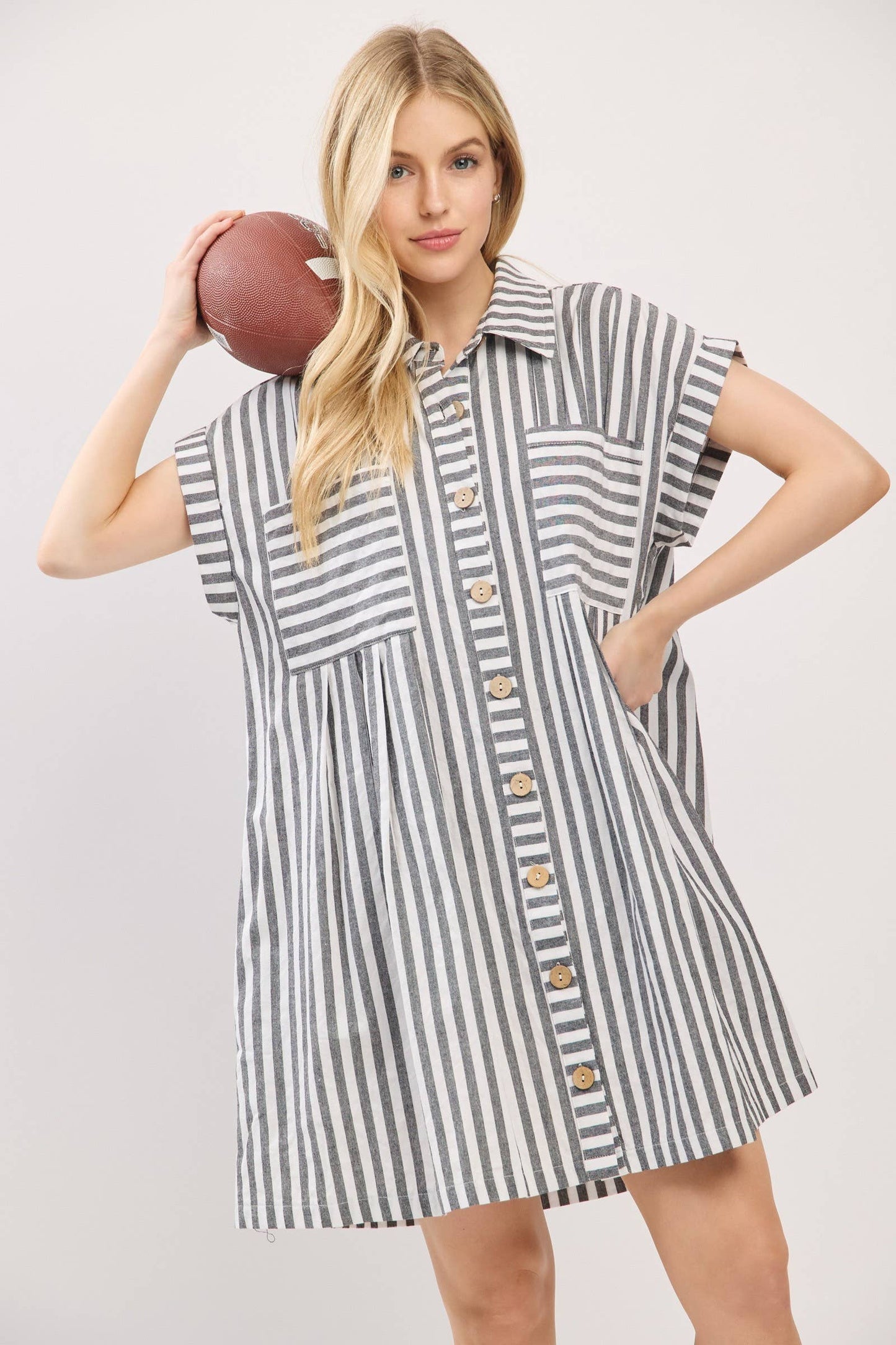 COTTON STRIPED BUTTON DOWN TUNIC DRESS