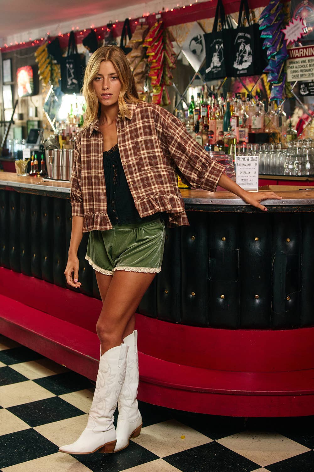 IT2444D Check Print Ruffle Hemline Shirt Top