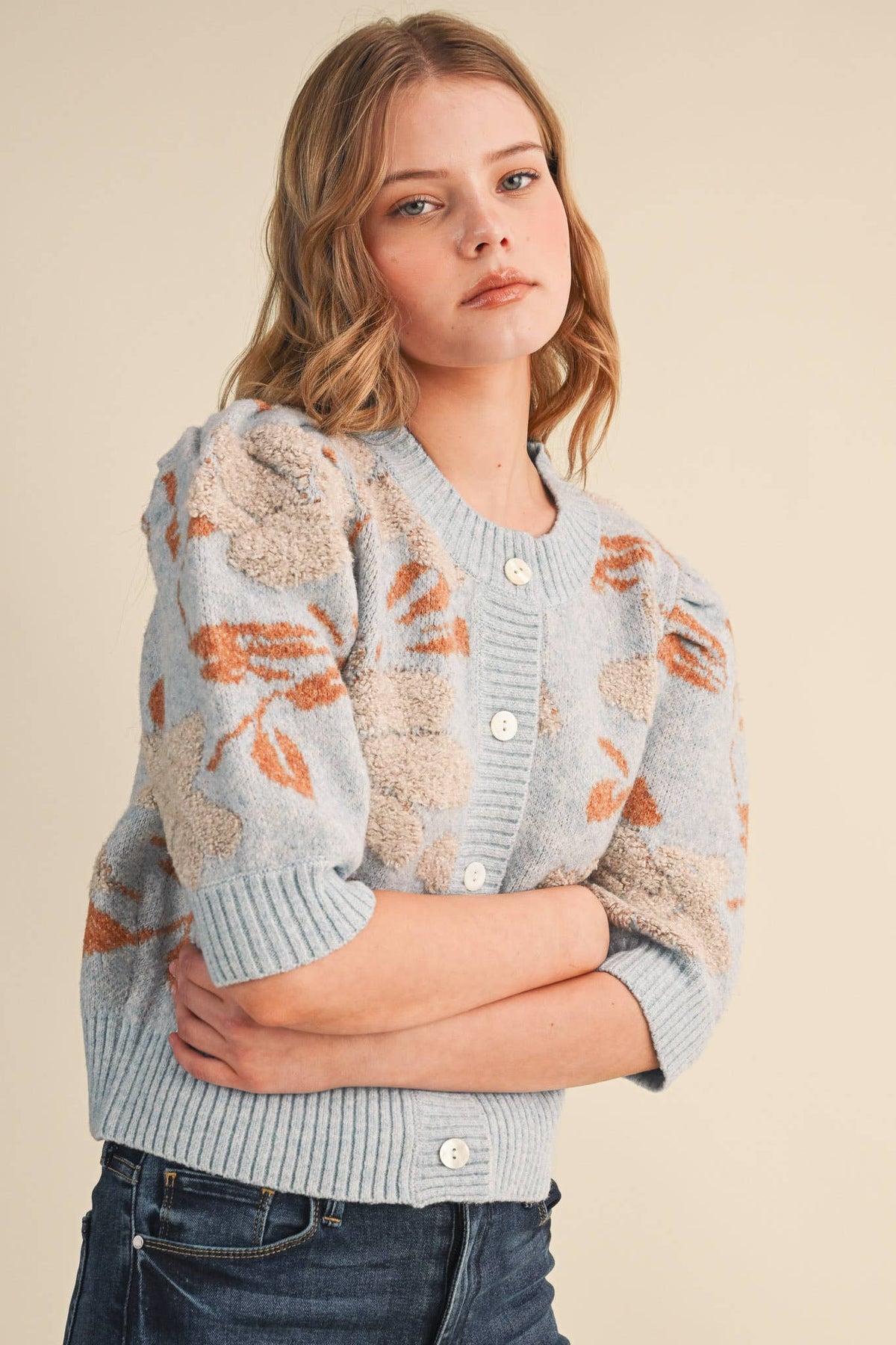 FLORAL KNIT SHORT PUFF SLEEVE SWEATER CARDIGAN MSW11393