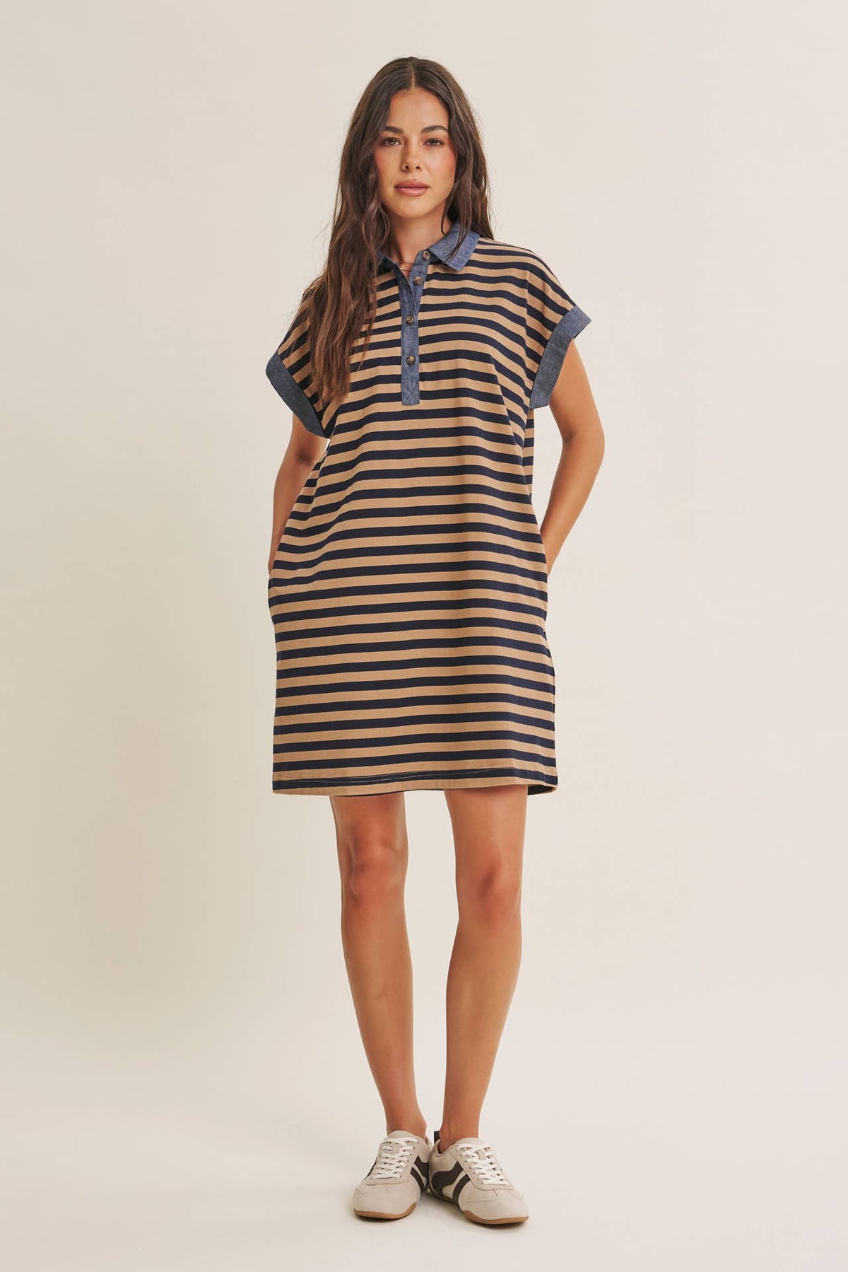STRIPE COTTON POLO MINI DRESS WITH DENIM CONTRAST