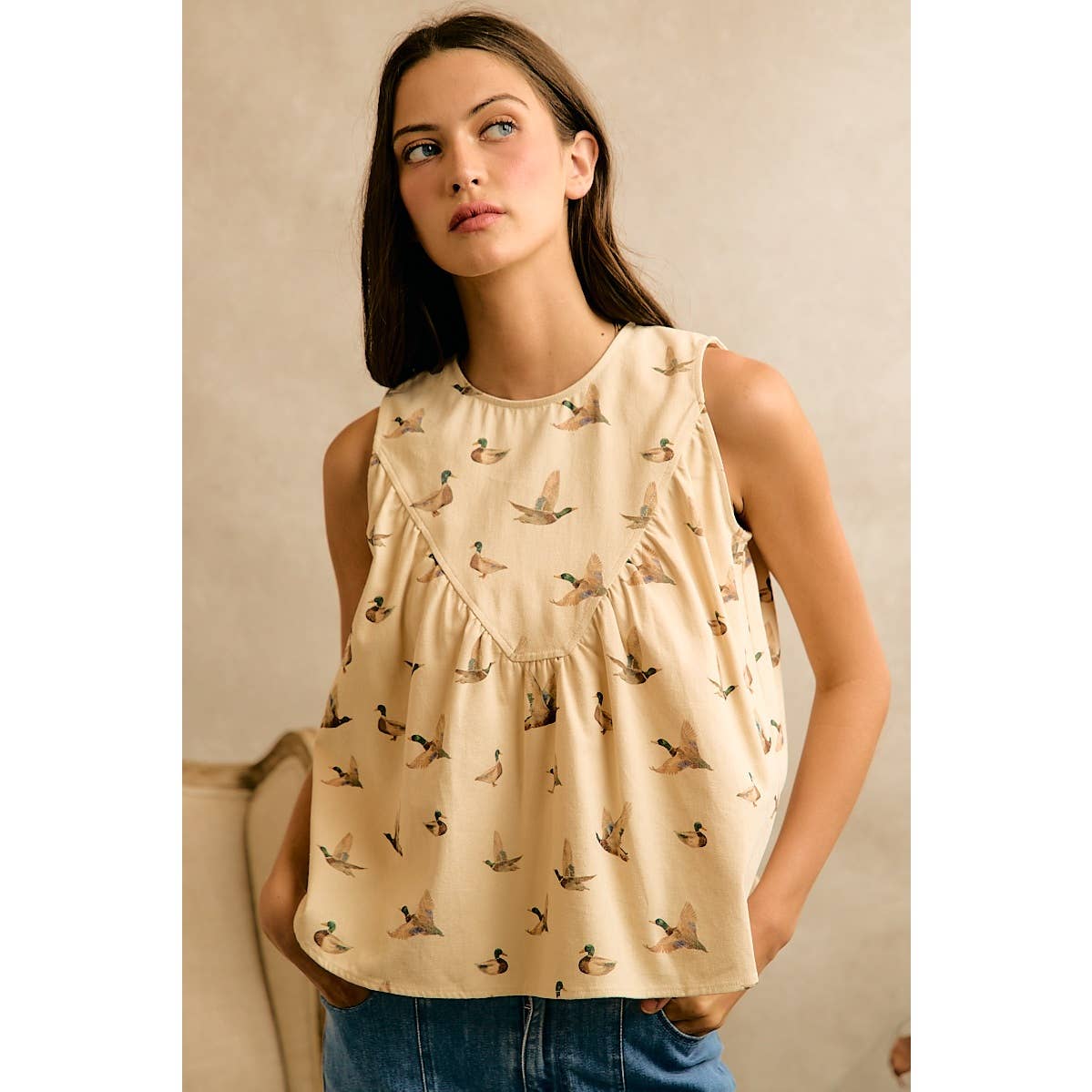 MALLARD DUCK PRINT COTTON TWILL WASH SHIRRED TANK TOP