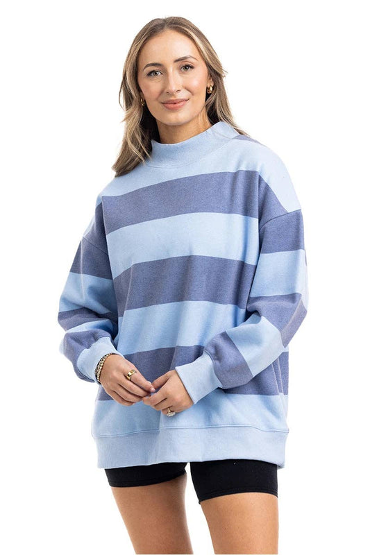 Light Blue and Navy Striped Wholesale Mockneck Pullover