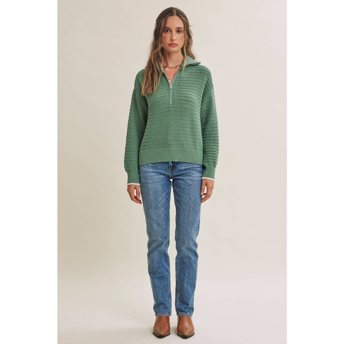 MOUNTAIN AIR CROCHET TEXTURE HALF-ZIP COTTON BLEND SWEATER
