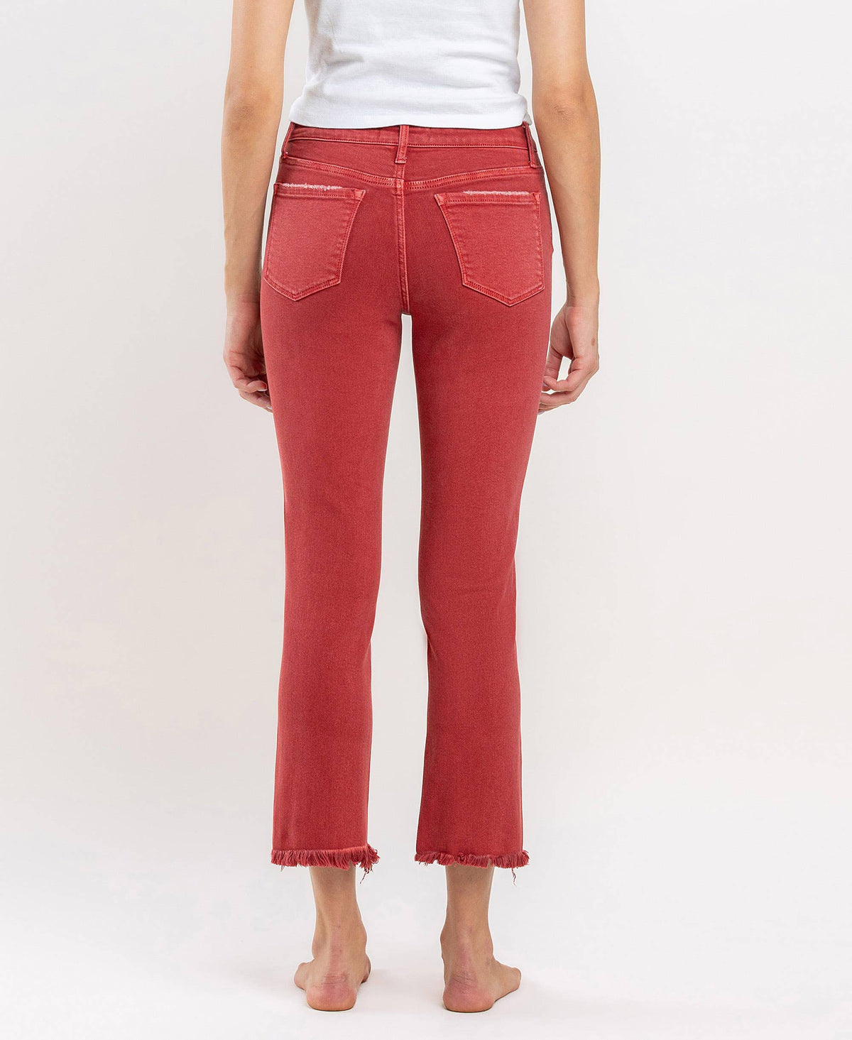 MID RISE FRAYED HEM CROP SLIM STRAIGHT JEANS V3500PRD