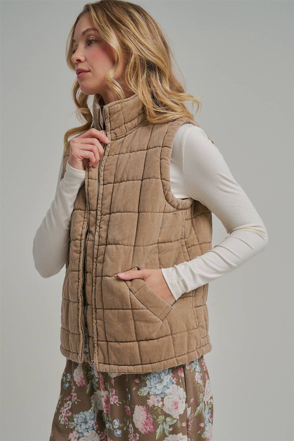VINTAGE WASHED QUILTED PUFFER VEST STAND COLLAR_JLT00330-01
