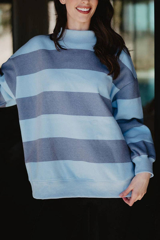 Light Blue and Navy Striped Wholesale Mockneck Pullover