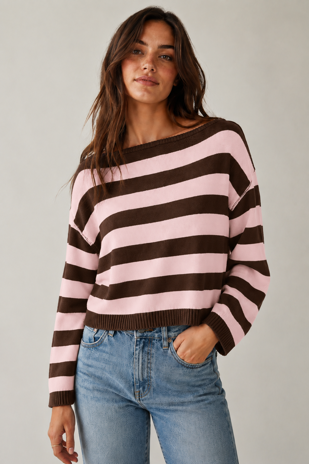 3251IK Boat Neck Yarn Dye Stripe Lightweight Sweater