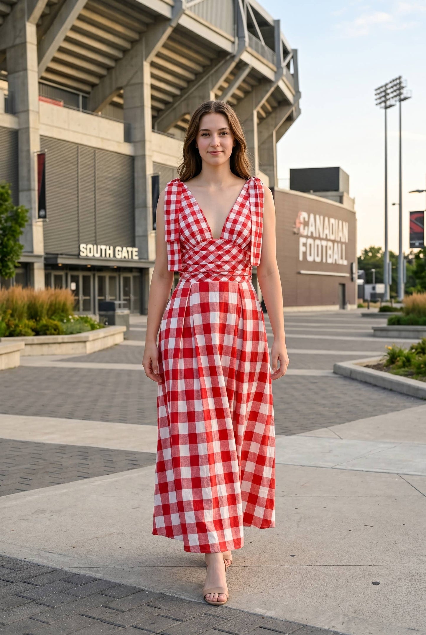 Check Pattern Tie Shoulder Maxi Dress
