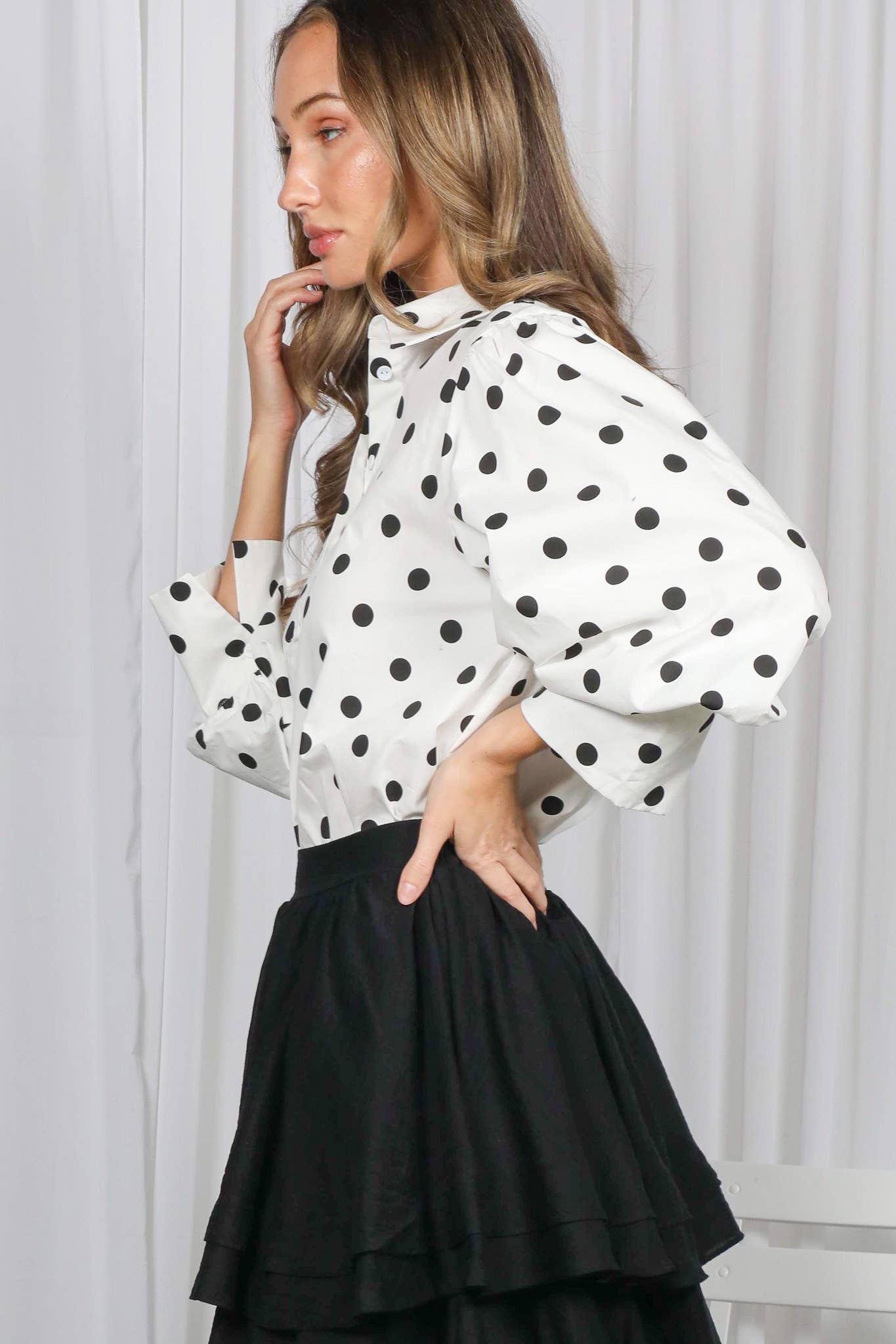 Playful Polka Dot 100%Cotton Puff Sleeve Shirt Top VT83244A