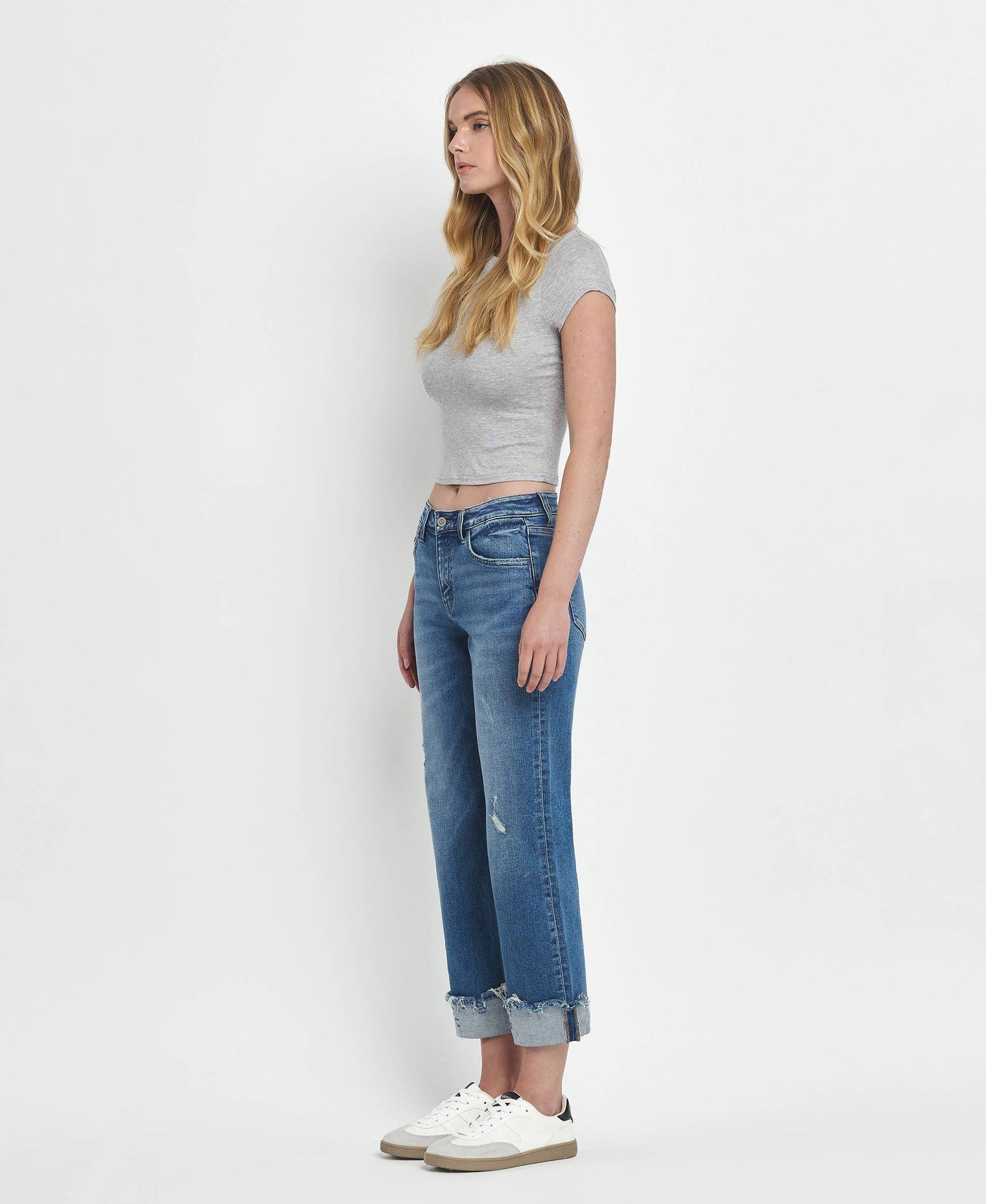 MID RISE RAW CUFFED HEM SLIM WIDE JEANS F5861