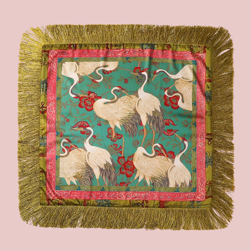 Crane Floral Print Fringed Square Scarf | 40SC750