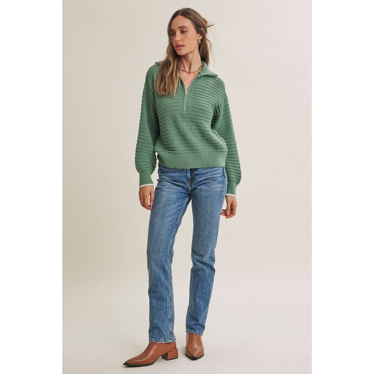 MOUNTAIN AIR CROCHET TEXTURE HALF-ZIP COTTON BLEND SWEATER