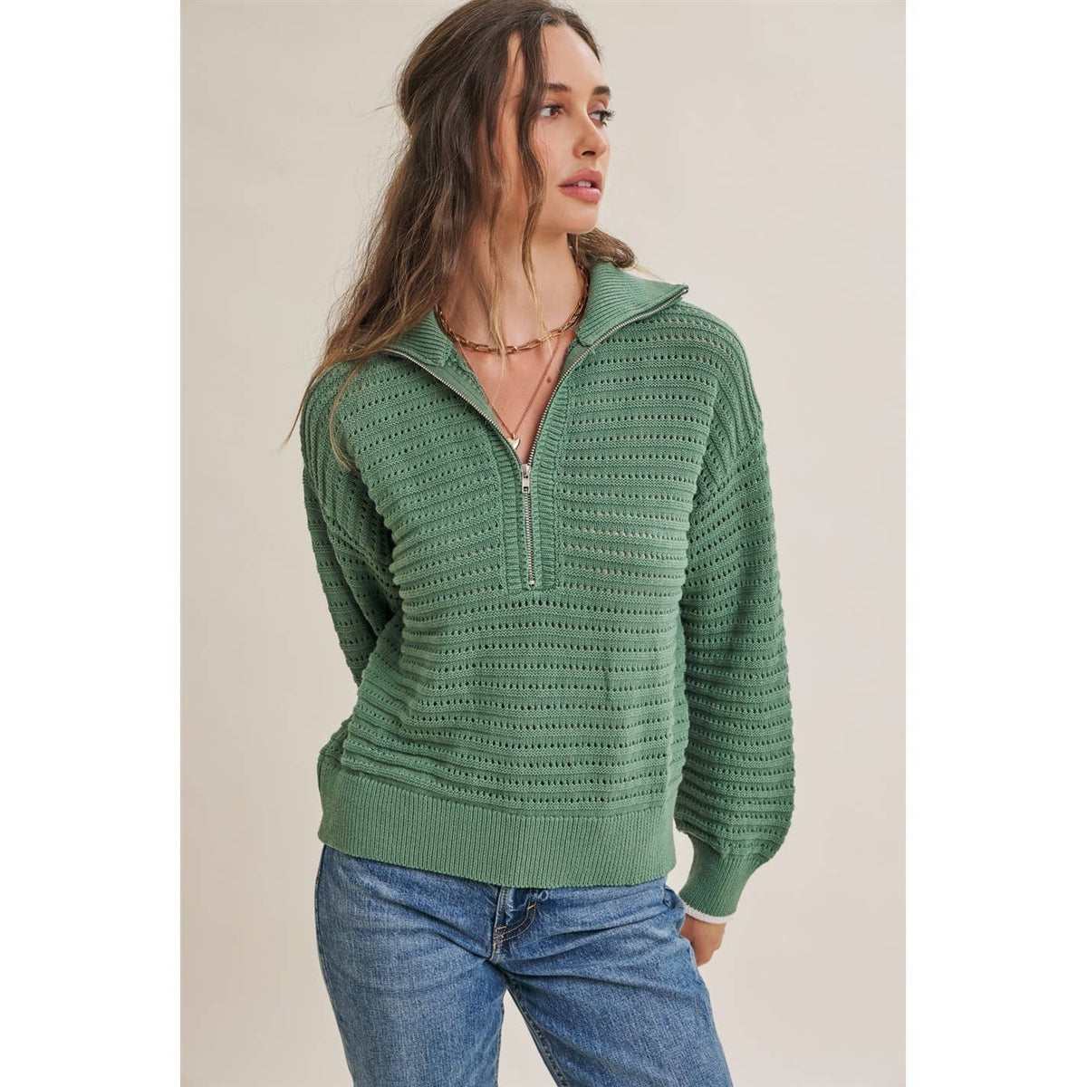 MOUNTAIN AIR CROCHET TEXTURE HALF-ZIP COTTON BLEND SWEATER