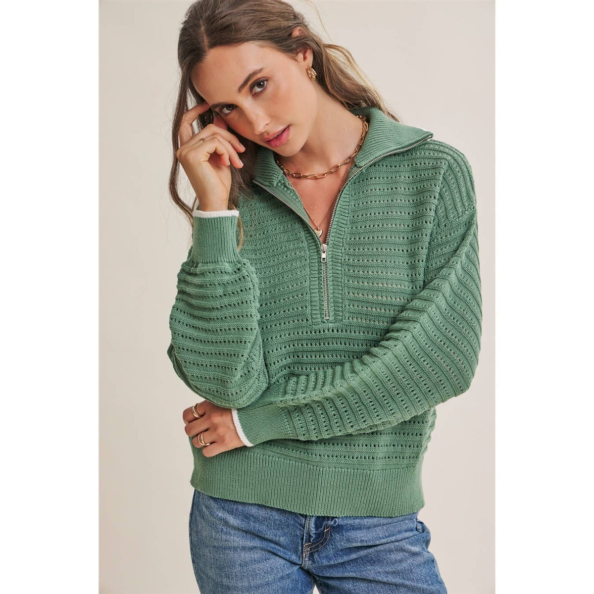 MOUNTAIN AIR CROCHET TEXTURE HALF-ZIP COTTON BLEND SWEATER