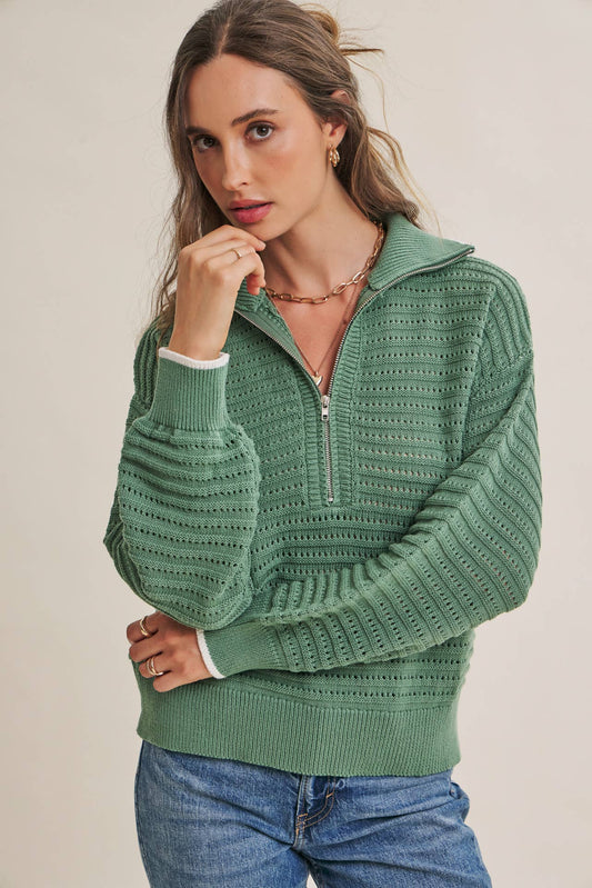 MOUNTAIN AIR CROCHET TEXTURE HALF-ZIP COTTON BLEND SWEATER